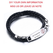 (EPILEPSY) Medical Alert ID Tag Black Braided Leather Bracelet Personalized Engraving New