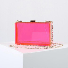 (Fluorescent Pink) Women Clear Purse Acrylic Clear Clutch Bag, Shoulder Handbag With Removable Gold Chain Strap