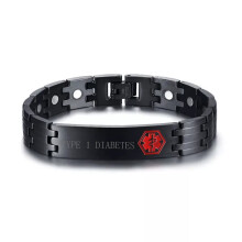 (TYPE 1 DIABETES) Magnetic Health Medical Alert ID Men Bracelet Engrave Stainless Steel Black