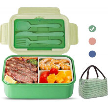 Bento Box Lunch Box for Kids Adults, 1100 ML Bento Lunch Box for Kids 3 Compartments with Utensils and Lunch Bag, Leakproof BPA Free(Green)