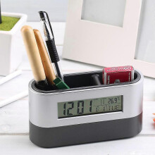 Multifunctional Home Office Digital Snooze Alarm Clock Pen Holder Calendar Temperature Display Black Blue Good Quality