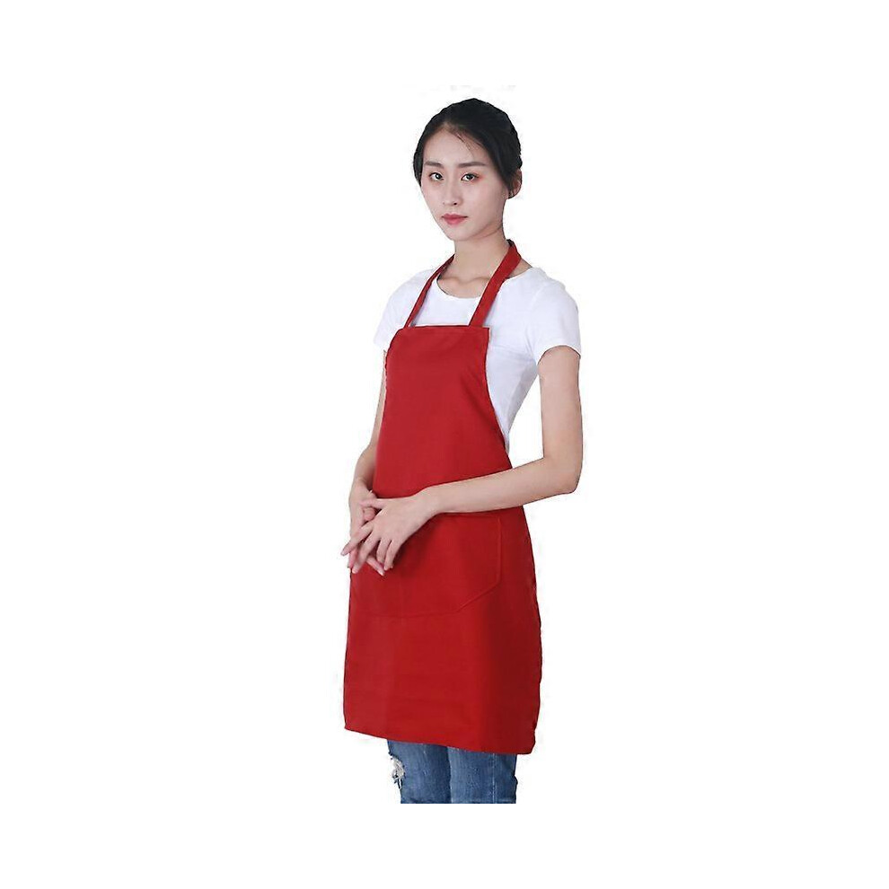 (Red)12 Pack Plain Bib Aprons With 2 Pockets - Black Unisex Commercial Apron Bulk