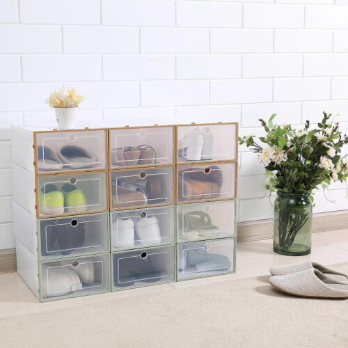 6pcs Plastic Shoe Box Stackable Foldable Shoe Organizer Drawer Storage Case with Flipping Clear Door Ladies Men 1