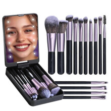 (Purple Black) Travel Makeup Brush Set, 14Pcs Foundation Powder Concealers Eye Shadows Makeup Set with LED Light Mirror