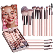 (Pink) Travel Makeup Brush Set, 14Pcs Foundation Powder Concealers Eye Shadows Makeup Set with LED Light Mirror