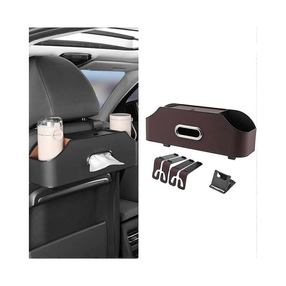 (Brown)Car Back Seat Organizer with 2 Drink Cup Holder, Vehicle Multifunctional Storage Box, Tissue Box and Storage Box Hook