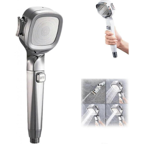 (Silver) 4-Mode Handheld Pressurized Shower Head with Pause Switch, High Pressure Shower Head, Adjustable Shower Nozzle Filter for Bathroom