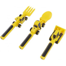 Construction Themed Utensils for Kids, Excavator Fork Spoon, Toddlers Eating Set with Pusher, Safe Utensil with Soft Grip Handles