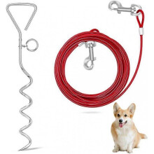 (32ft, Red) Dog Tie Out Cable and Stake, 16ft/32ft Outside Dog Leash Chain Anti Rust Reflective Stake for Yard Training, Running, Hiking