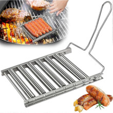 Hot Dog Roller for Grill, Stainless Steel Sausage Roller Rack with Extra Long Handle, BBQ Hot Dog Griller for Evenly Cooked Hot Dogs