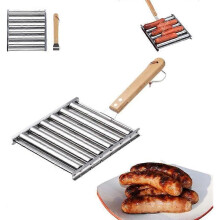 Hot Dog Roller for Girll, Hotdog Roller Grill Sausage Roller Stainless Steel Rack with Extra Long Wood Handle, BBQ Hot Dog Girller for Evenly Cooked