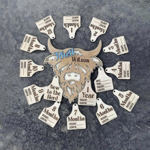 (Type A - 14pcs) 14Pcs Wooden 3D Cow Themed Baby Monthly Milestone Markers Birth Announcement