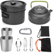 (As show, One size) Camping Cookware Set 10-Piece Outdoor Cookware 0.8L Tea Kettle with 2 Cups Foldable Cutlery Portable Aluminum Pot for Outdoor Picnic Hiking