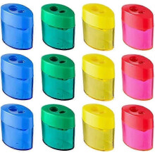(As show, One size) 12pcs Plastic Manual Double Hole Pencil Sharpener With Lid Pencil Tool (random Color) Zekai