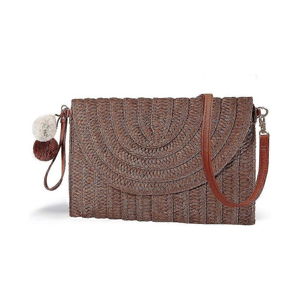 (Dark brown)Straw Clutch Purse for Women Woven Rattan Wicker Envelope Bag Crossbody Wallet Handbags Shoulder Bags Tote Beach Bag