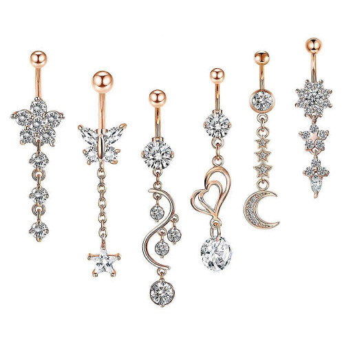 (silver, One size) Zircon navel ring set piercing belly 6 pieces