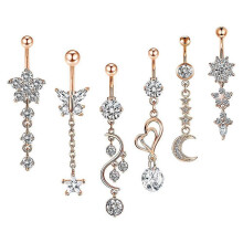 (Rose gold, One size) Zircon navel ring set piercing belly 6 pieces