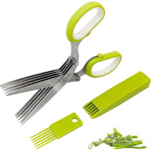 (As show, One size) Stainless Steel Herb Scissors - 5-Blade Kitchen Scissors with Lid and Cleaning Comb