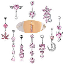 (As show, One size) 10pcs Pink Series Stainless Steel Double Heart Belly Button Ring Body Chain