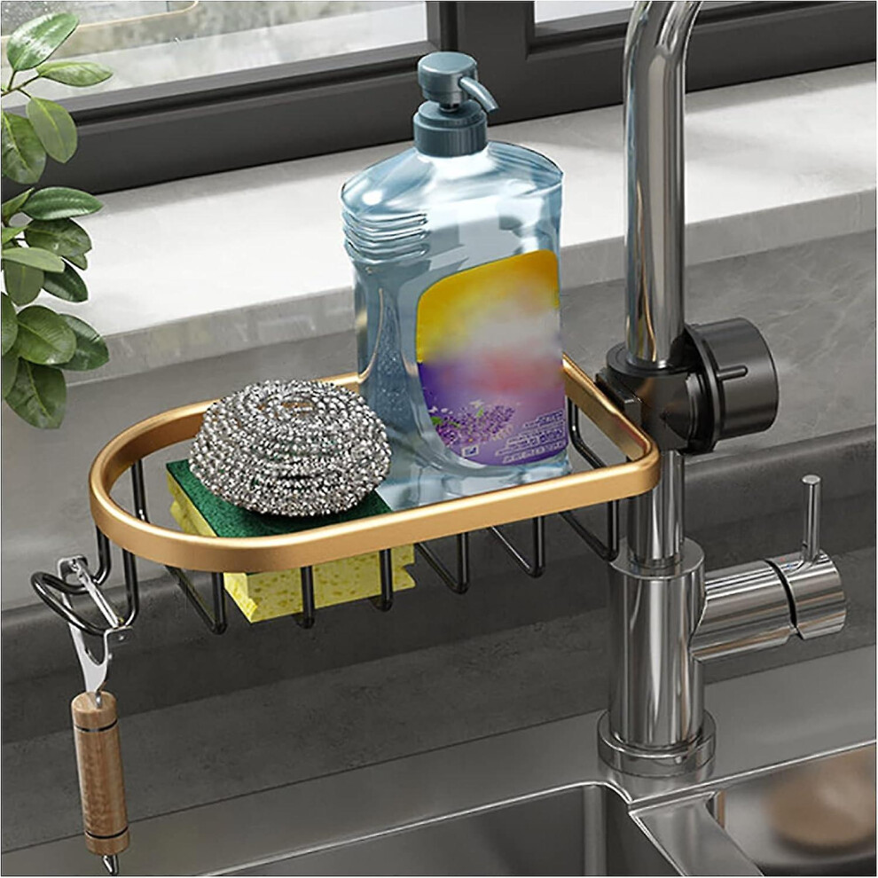 (As Show, One Size) Kitchen Faucet Sponge Holder, Hanging Soap Dish With Hook, No Drilling Aluminum Alloy Sink Organizer, Sink Storage Rack, Shower Sh 4632131022765