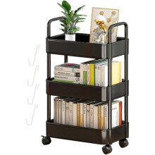 (Black) Auxiliary Cart with Wheels, 3 Tier Storage Shelves with Hooks, Rolling Storage Cart, Rolling Shelf Mobile Storage Organizer, Book Organizer