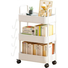 (White) Auxiliary Cart with Wheels, 3 Tier Storage Shelves with Hooks, Rolling Storage Cart, Rolling Shelf Mobile Storage Organizer, Book Organizer