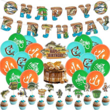 Fishing Birthday Party Decoration, Happy Birthday Banner, Fishing Anchor Balloons, Fishing Tool Fish Cupcake Topper Party Supplies