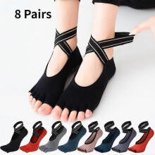 8 Pairs Yoga Socks Antislip Five Finger Backless Cross Bandage Silicone Nonslip Toeles Yoga Pilates Grips Socks