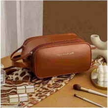 (Brown) 3 Layered Cosmetic Bag Portable Large Capacity Makeup Bags Portable Folding Travel Cosmetics Storage Toiletry Bag Girls Gifts