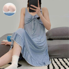 (M, Blue) Women's Summer Girl's Thin Mid-length Home Clothes Pajamas With Chest Pad