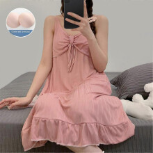 (XL, Rose Red) Women's Summer Girl's Thin Mid-length Home Clothes Pajamas With Chest Pad