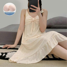 (XXL, Apricot Color) Women's Summer Girl's Thin Mid-length Home Clothes Pajamas With Chest Pad