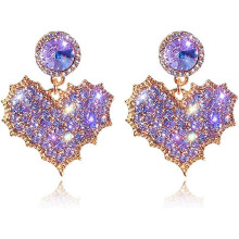 (As show, One size) Heyone Chic Gold Red Crystal Love Heart Shaped Stud Earrings Charm Shining Purple Rhinestone Leaf Dangle Drop Earrings Valentines Day Jewelry Gifts Fo