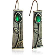 (As show, One size) Heyone Unique Vintage Silver Handmade Bohemian Enamel Flower Bar Dangle Earrings Chic Green Tulip Geometric Square Drop Earrings for Women Statement J