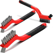(As show, One size) 3Pieces Mini Wire Brush Set Cleaning Welding Slag and Rust Curved Handle Masonry Brush Wire Bristle Stainless Steel/Nylon/Brass,Black and Red