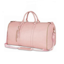 (Pink) Foldable Women Travel Convenient Carry-on Clothing Bag Large PU Leather Duffel Bag Women's Business Travel Bag
