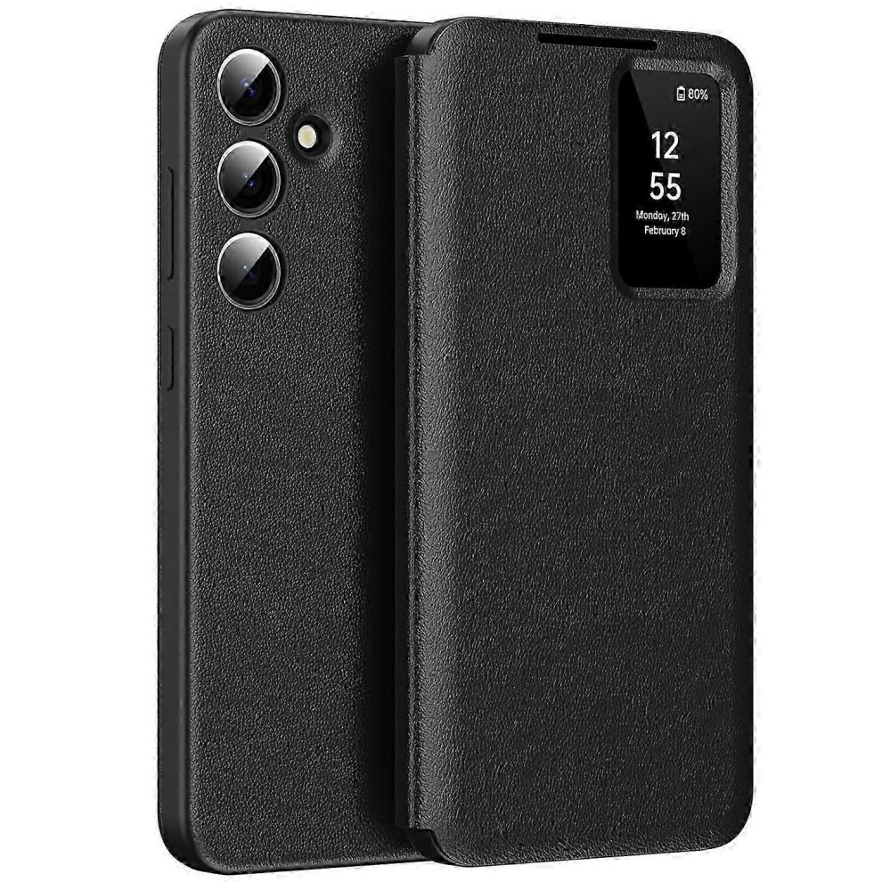 (Black, One size) For Samsung Galaxy A56 5g Case With Card Holder Smart View Window Leather Phone Cover - Wine Red