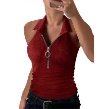 (5XL, One size) Women Summer Sleeveless Collar V-neck Half Zipper Up Tank Top Casual Solid Color Ribbed Knit Slim-fitted T-shirt Vest Claret Xl