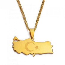 (Gold Color, One size) Turkey Map Flag Gold Color Silver Color Pendant Necklace For Women Men Turks Jewelry Patriotic Wvj Tsg