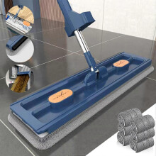 (Mop with 6 Pads, Blue) Large Flat Mop Set, 360 Swivel Mop With Wring Function, Flat Mop With Reusable Microfibre Mop Pads For Hardwood Laminate Tiles BaoPeng