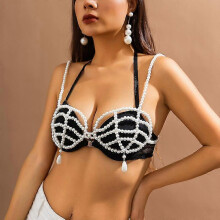 (As show, One size) Pearl Chest Body Chain Jewelry For Women Teen Girls Fashion Handmade Pearl Tassel Bra BaoPeng