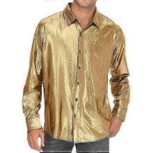 (Gold, XL) Men's 70s Disco Shirts Luxury Metallic Sequins Long Sleeve Party Shirt