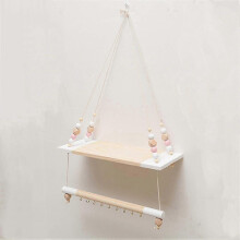 (As show, One size) Wall Shelf Floating Shelf Wooden Stand with Hanger Hooks Swing Hanging Wall Shelf Wall Board Nursery Decor (White)