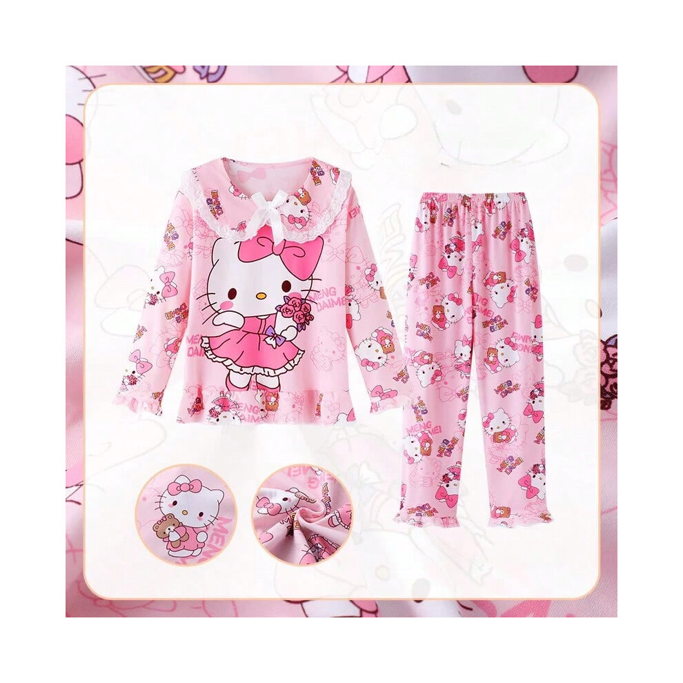 (D, 22) Kawaii Sanrio Kids Pajama Sets Lace Bow Print Comfortable Children Sleepwear Suit Soft Loose Indoor Clothes Autumn Winter