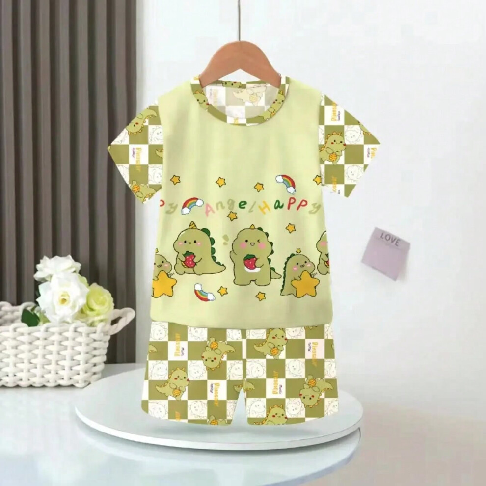 (l, 10) Pajamas for Kids Summer Thin Style Boys and Girls Short Sleeved Boys and Girls Home Pajama Set Air-conditioned Clothing Set