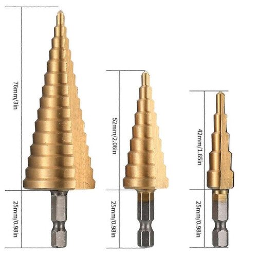 3 piece step drill bit, HSS step drill bit with automatic center punch, triangular tapered step drill bit coated tapered drill bit, 4mm-12/20/32mm 1