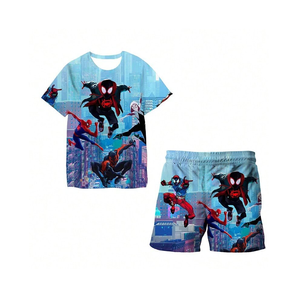 (TZ-040238, 130 cm) 3D Japanese fashion "Spider Man" children's two-piece T-shirt and shorts, summer Hulk boy and girl T-shirt+shorts beach pants-image-OPC-PHKNHCK-NEW