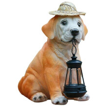 Garden Dog Statues - Adorable Resin Dog Figurines with Straw Hat and Solar LED Lantern, Puppy Decor js
