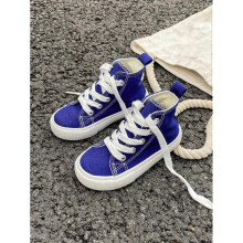 (EUR20)White Canvas Mid Top Sneakers Kids Classic Lace Up Shoes Korean Style Casual Trainers for Boys Girls Spring Autumn