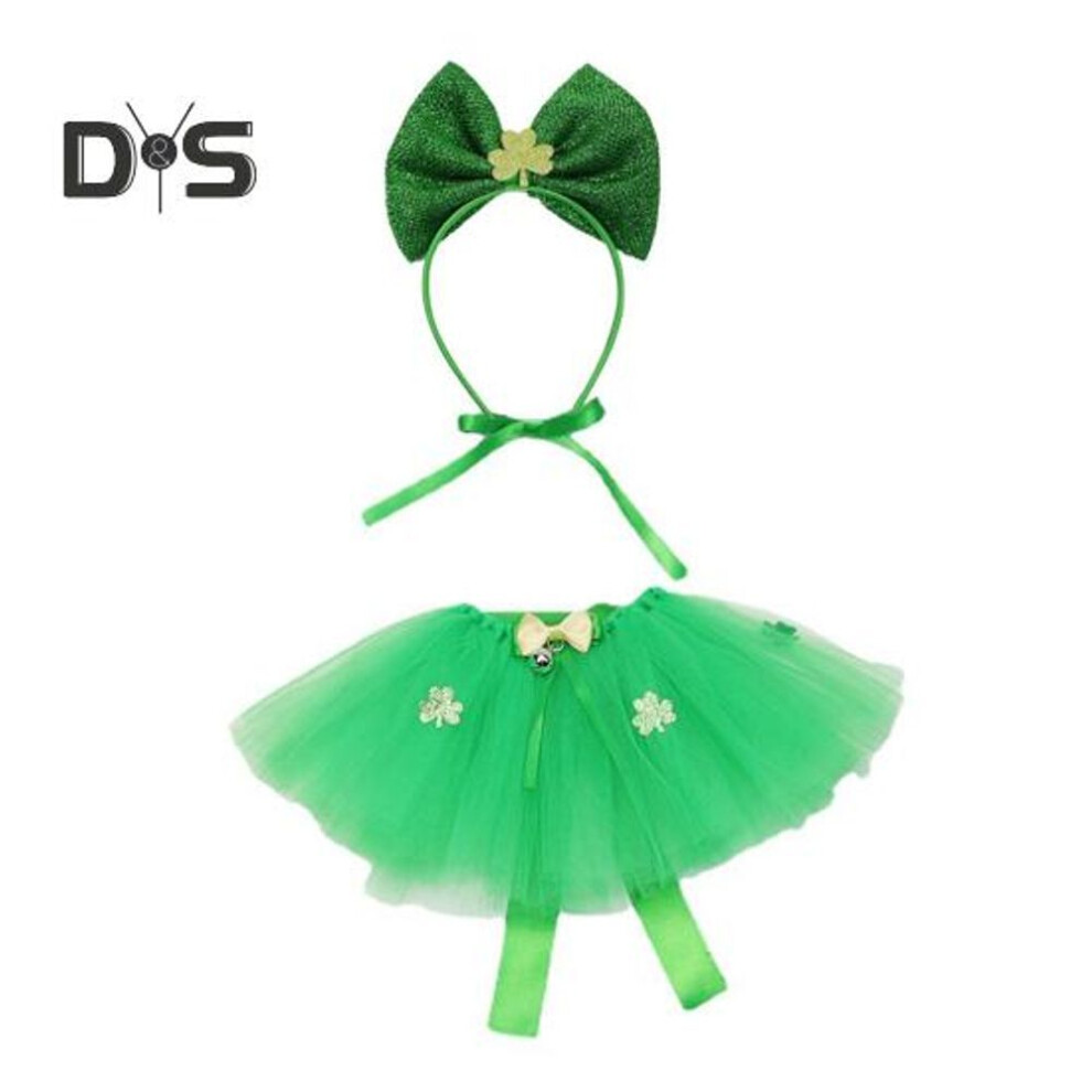 St. Patrick's Day Dog Mesh Skirt Headband Set Mardi Gras Girl Dog Tutu Skirt And Glitter Bow Hairband Puppy Princess Dress-up Costume Prop